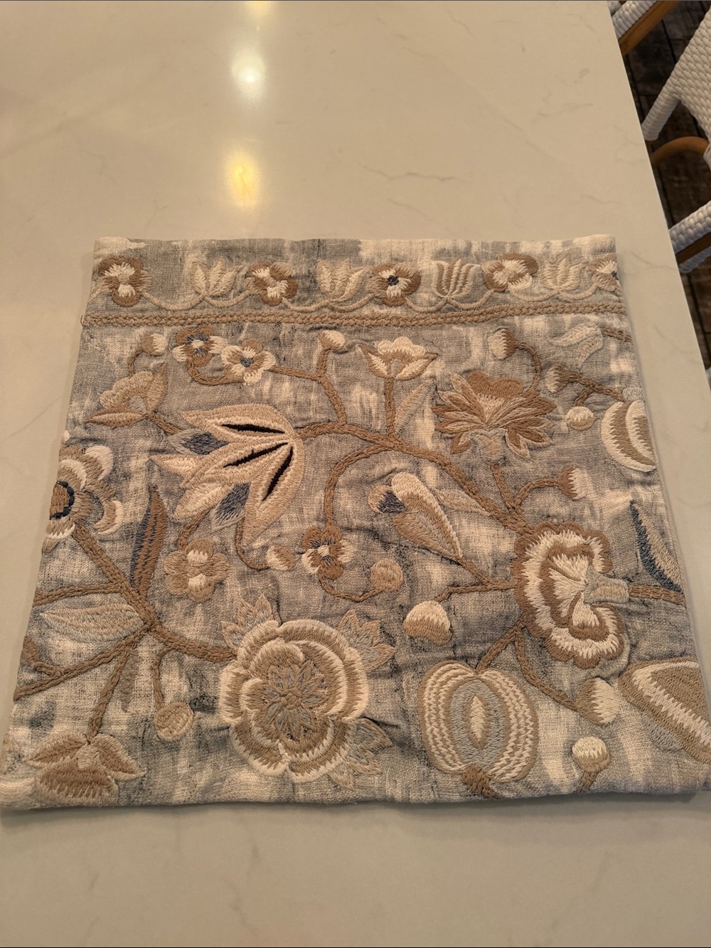 Pottery Barn Embroidered Floral Pillow Cover in Beige and Gray 18x18